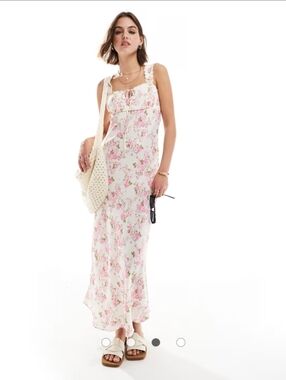 Mango White Maxi Dress with Pink Floral Print Side Zipper Size M